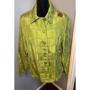 Tan Jay poly rayon lime green ladies jacket sz 6 petite w/ Christmas pin.Holiday